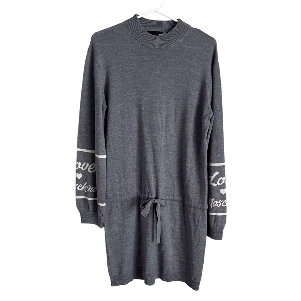 Love Moschino Grey Sweater Dress Tie Waist Knit Balloon Sleeve Spellout Size 8